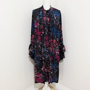 Vicky Tiel Black & Pink Floral Midi Dress Button Front Ruffles Long Sleeves 2X